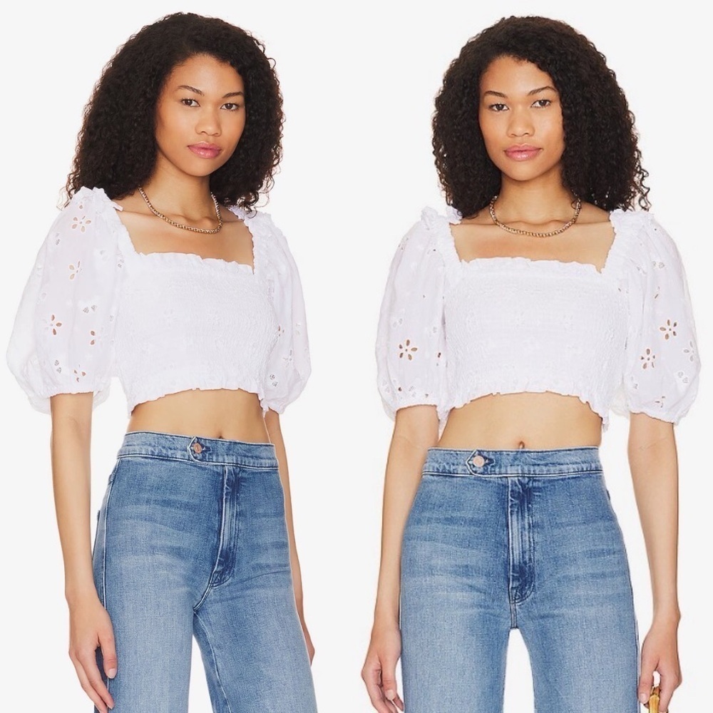 For Love and Lemons- Addison Blouse Size Large White Floral Puff Sleeve